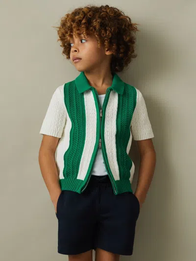 Reiss White/bright Green Painter 9-13 Yrs Knitted Cotton Zip-front Shirt