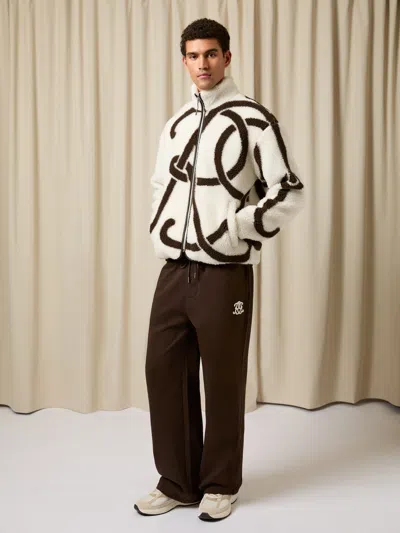 Reiss White/brown Monogram Jacquard Fleece Zip Jacket In Multi