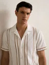 Reiss Mens White Camel Sander Cuban-collar Striped Stretch-woven Shirt Xs