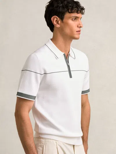 REISS WHITE/GREEN HALF ZIP TIPPED POLO SHIRT