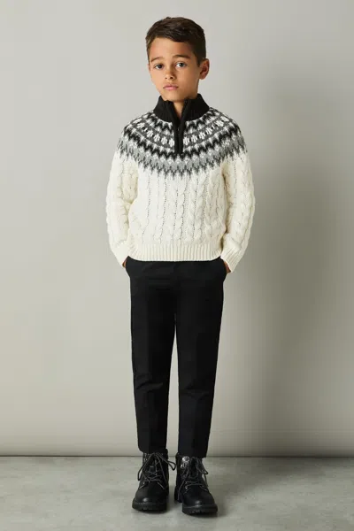 Reiss White/grey/black Colorado 3-9 Yrs Cabled Jumper With Cotton And Wool