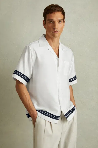 Reiss White/navy Sharday Embroidered Trim Cuban Collar Shirt