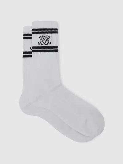 Reiss White/navy Monogram Cotton-blend Ribbed Socks