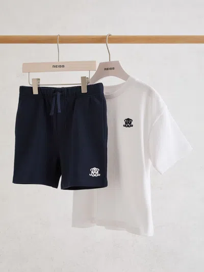 Reiss Babies'  White/navy Revlin Set 9-13 Yrs Monogram Cotton T-shirt And Shorts Set In Blue