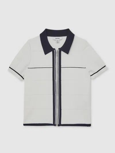 Reiss Kids' White/navy Tipped Knit Zip-through Shirt