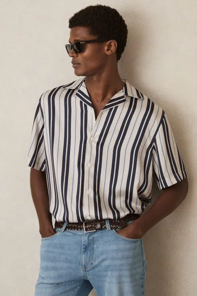Reiss White/navy Wide-stripe Cuban-collar Shirt