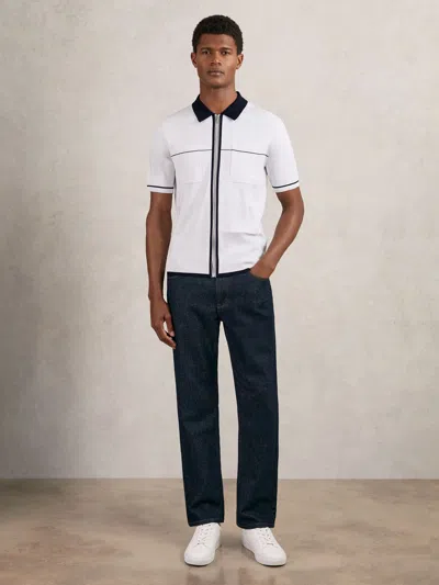 Reiss White/navy/blue Compact-knit Tipped Zip-through Shirt