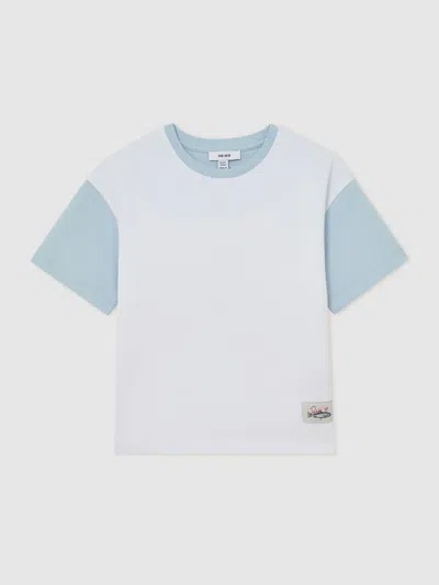 Reiss Kids' White/pale Blue 3-9 Yrs Cotton Colour-block Label T-shirt In Neutral