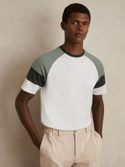 REISS REISS WHITE/SAGE ADAN MERCERISED-COTTON COLOURBLOCK T-SHIRT