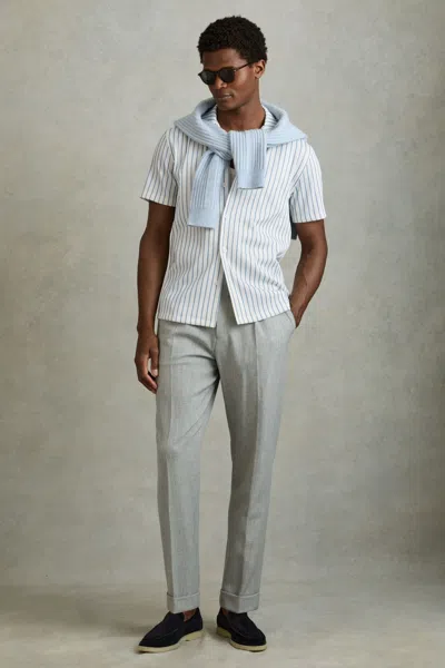 Reiss White/soft Blue Neptune Ribbed Striped Cuban Collar Shirt