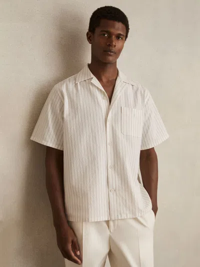 REISS WHITE/TAUPE BROWN COTTON-BLEND SEERSUCKER STRIPE SHIRT
