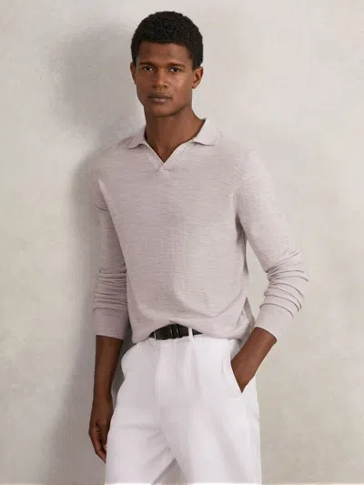 Reiss Wicker Brown Melange Merino Wool Open-collar Polo Shirt In White