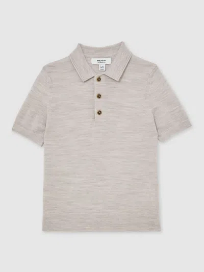 Reiss Wicker Melange 13-14 Yrs Merino Wool Short Sleeve Polo Shirt In Neutral