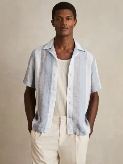 Reiss Wide Stripe Blue Multi Stripe Cuban Collar Shirt