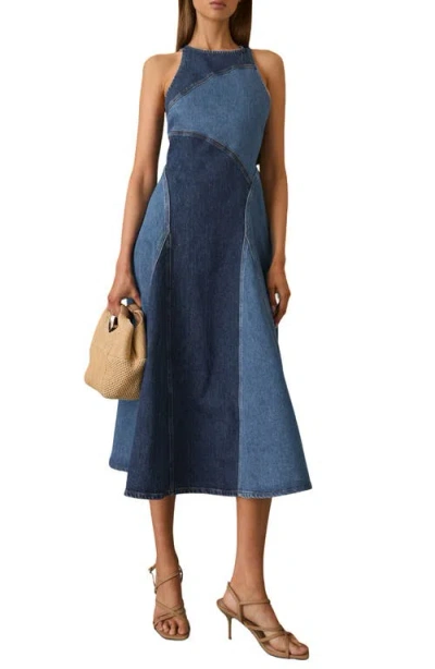 Reiss Wilder Colorblock Denim Panel Midi Dress In Purple