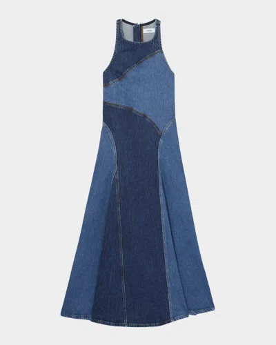 Reiss Wilder Patchwork Cotton Chambray Midi Dress In Indigo