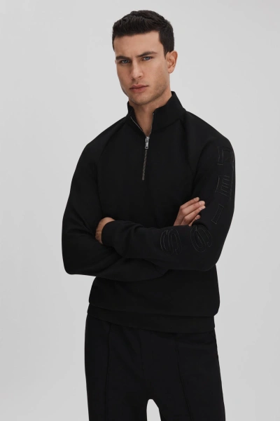 Reiss Williams - Black Interlock Jersey Half-zip Funnel Neck Jumper, S