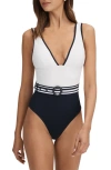 Reiss Willow Colorblocked Belted One-piece In White/ Navy