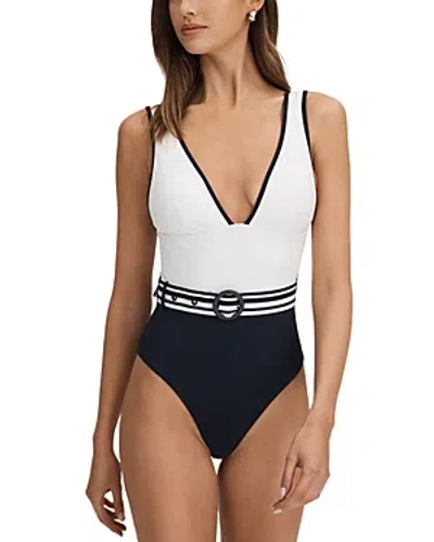 Reiss Willow - White/navy Colourblock Belted Swimsuit, Us 6