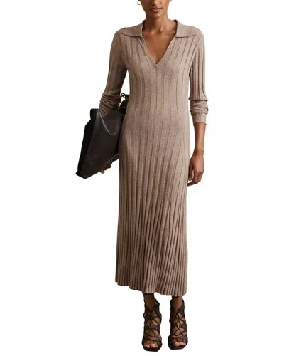 Reiss Winnie Long Sleeve Knitted Midi Dress Pull On In Neutral