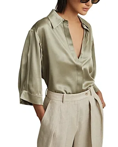 Reiss Winnie Silk Wide Sleeve Shirt In Khaki