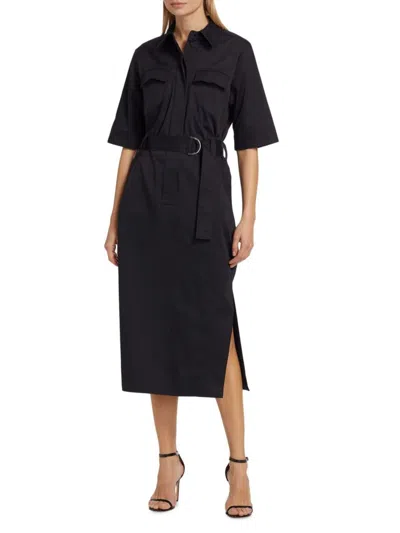 Reiss Black Aimie Cotton Blend Utility Belted Midi Dress