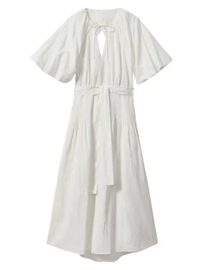 Reiss Alice Puff-sleeve Belted-waist Linen And Cotton-blend Midi Dress In White