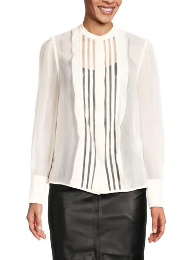 Reiss Women's Band Collar Stripe Cut-out Mesh Blouse In Cream
