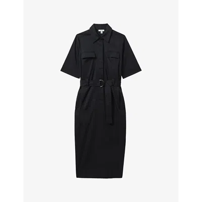 Reiss Black Aimie Cotton Blend Utility Belted Midi Dress