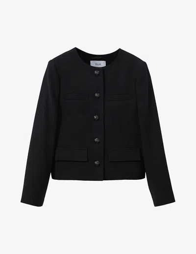 Reiss Black Cropped Wool Single Breasted Jacket