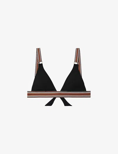 REISS WOMENS BLACK/BROWN YVE STRIPE-TRIM TRIANGLE STRETCH-WOVEN BIKINI TOP