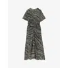 Reiss Tabitha Animal-print Ruched Woven Midi Dress In Black/grey