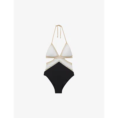 Reiss Savannah Lattice Stretch-nylon Swimsuit In Black/white