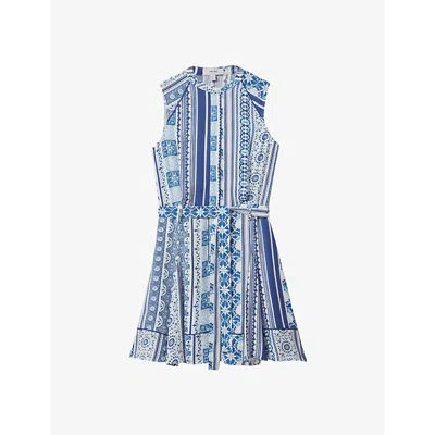 Reiss Womens Blue Florence Tile-print Sleeveless Woven Mini Dress