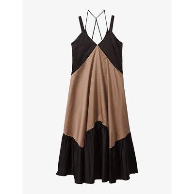 Reiss Brown/black Natalie Cotton Colourblock Flounced Midi Dress