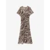 Reiss Tabitha Animal-print Ruched Woven Midi Dress In Brown/cream