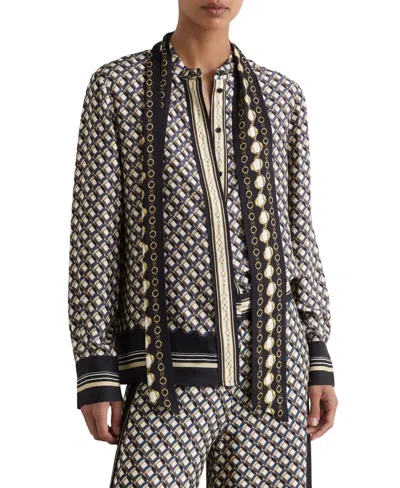 Reiss Women's Carmine Scarf-print Tie-neck Shirt In Navy,gold