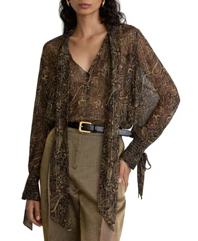 Reiss Women's Charlotte Long-sleeve Tie-neck Paisley-print Blouse In Blackgold