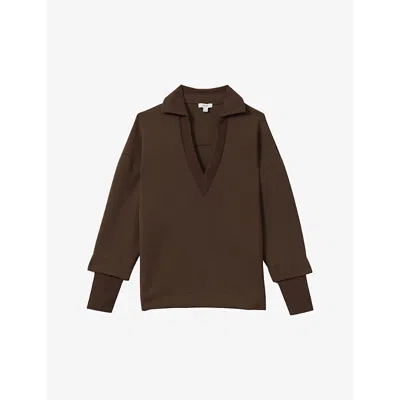 REISS WOMENS CHOCOLATE BERNIE OPEN-COLLAR RELAXED-FIT STRETCH-WOVEN JUMPER XS