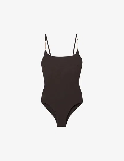 Reiss Womens Chocolate Imogen Chain-embellished Stretch-woven Swimsuit