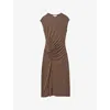 Reiss Chocolate Ruche Front Capped Sleeve Jersey Midi Dress In Chocolate