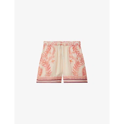 Reiss Chloe Fern-print Elasticated-waist Woven Shorts In Cream/coral