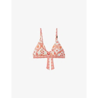 Reiss Kallie Fern-print Tie-back Stretch-woven Bikini Top In Cream/coral