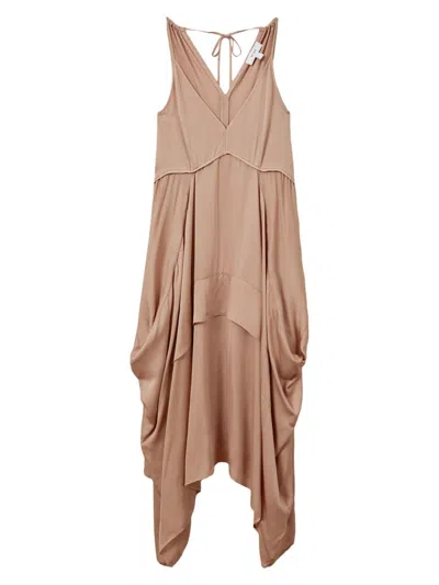 Reiss Demi - Nude Viscose Side Pleat Asymmetric Midi Dress, Us 6