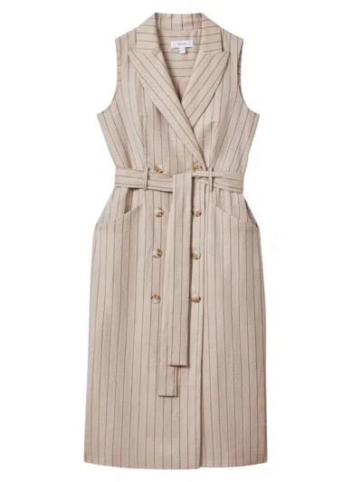 Reiss Andie - Neutral Wool Blend Striped Double Breasted Midi Dress, Us 10