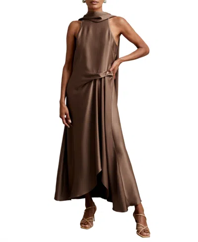 Reiss Women's Drape Occasion Satin Cowl-neck Asymmetrical Midi Dress In Brown
