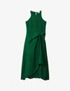 REISS REISS WOMEN'S GREEN MICAH DRAPED-FRONT SATIN MIDI DRESS