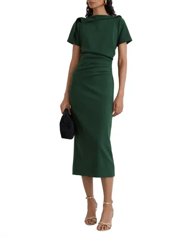Reiss Teal Green Ruched-detail Boat-neck Midi Dress