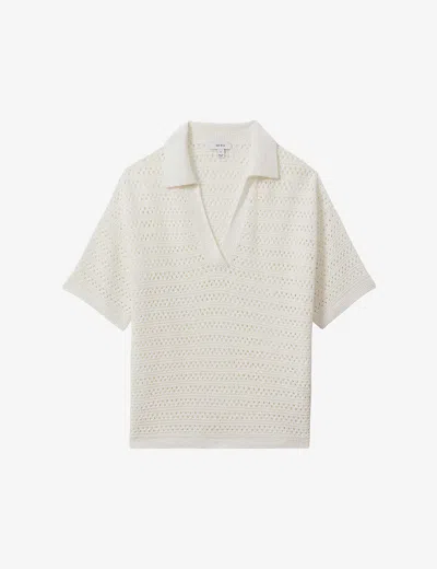 Reiss Womens Ivory Carla Open-stitch Knitted Polo Shirt In Ivory