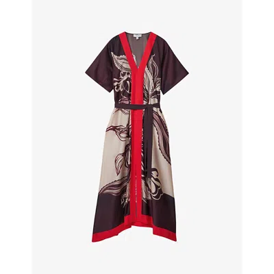 Reiss Hanna Graphic-print Woven Maxi Dress In Ivory/burgundy